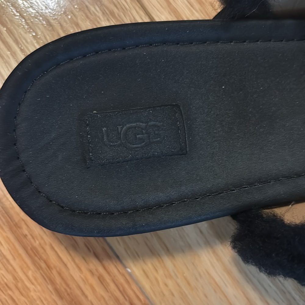 UGG Women's Black Fuzzy slip on , as slippers or shoes. Have a small heel. - Picture 2 of 4